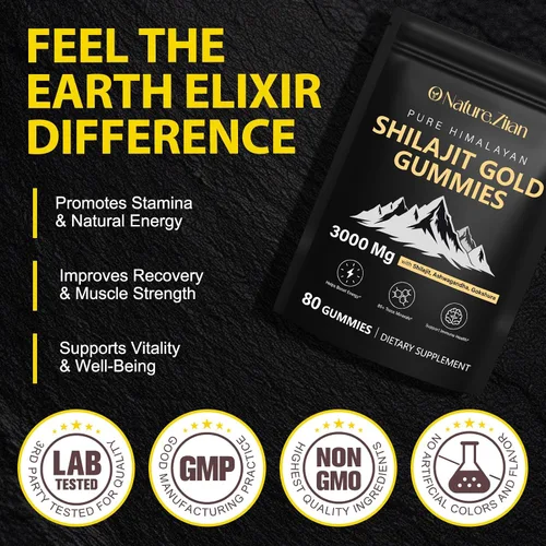 Vista 6 de O NATURE . ZIRAN Gomitas Shilajit para hombres y mujeres, gomitas de oro Shilajit ricas en Ashwagandha, Gokshura con más de 85 minerales, sabor