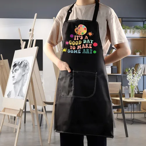 Vista 4 de WZMPA Delantal para pintores de artistas con bolsillos, es un buen día para hacer arte, delantal ajustable para profesores, amantes, regalo