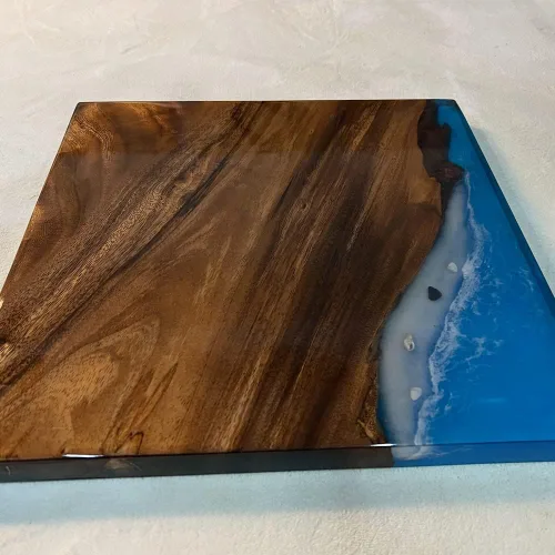 Vista 4 de Mesa de epoxi transparente, mesa de sofá con forma cuadrada, mesa auxiliar de resina de madera, mesa de centro de madera con borde natural para sala