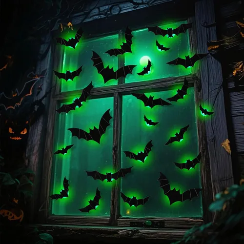 Vista 8 de DR.DUDU - Paquete de 36 murciélagos para decoración de pared de murciélagos para interiores Light Up Green LED, Assorted Size, 3D Bat Stickers