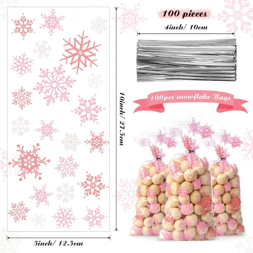 Vista 2 de Clabby 100 Piezas Bolsas de Celofán para Dulces de Navidad Rojas Verdes con Copos de Nieve Bolsas de Plástico Cello para Dulces y Golosinas