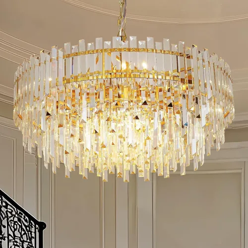 Vista 8 de Lámpara de araña de cristal moderna, luces colgantes cromadas, lámparas de techo con pantalla de acero inoxidable, para isla, comedor, sala
