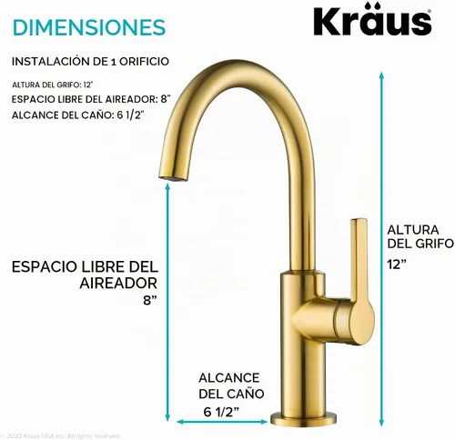 Vista 4 de Kraus KPF-2822BB Oletto Grifo de barra de cocina de una manija, 12 pulgadas, latón cepillado