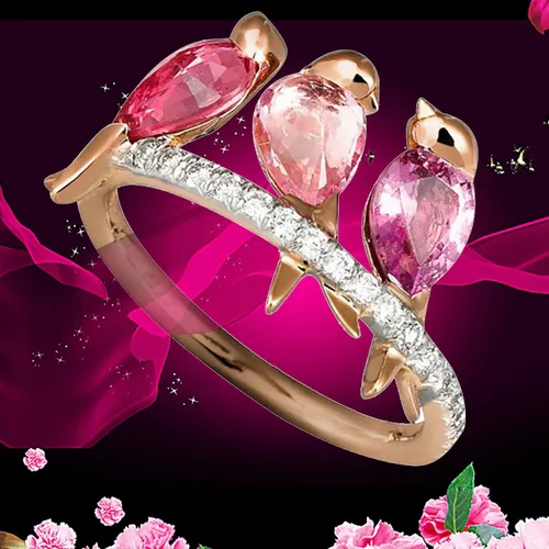 Vista 5 de Washranp Exquisito anillo de estilo fresco para mujer, pareja, anillos de amor creativos, 3 pájaros, animales, diamantes de imitación, fiesta