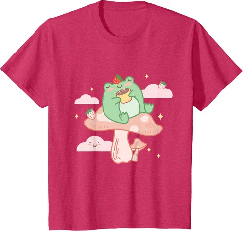 Vista 66 de Kawaii Strawberry Frog On Mushroom - Camiseta de manga corta de anime, Azul / Patchwork, S Azul Pastel