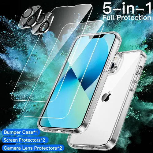 Vista 2 de JETech Funda 5 en 1 para iPhone 13 mini, antiamarilleo, transparente 2 protectores de pantalla de vidrio templado, 2 protectores de lente