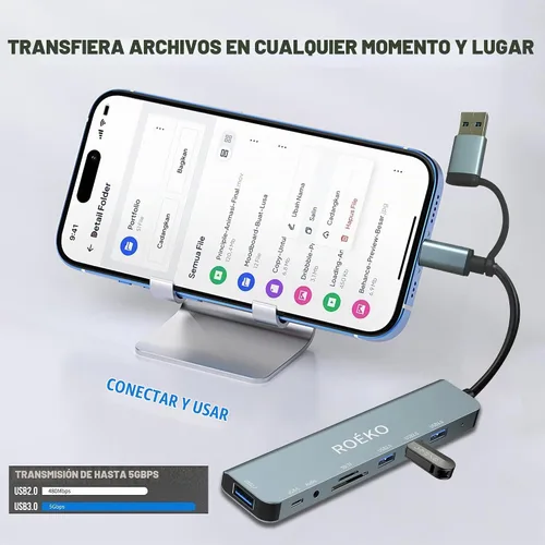Vista 6 de USB Hub,USB C hub multiport Adapter, USB Splitter with 1xUSB 3.0,4xUSB2.0,2 x USB C,USB c hub for MacBook Pro/PC/Laptop/Tablet Devices (Grey 8 in1)