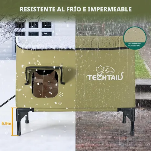 Vista 3 de Gran casa para gatos al aire libre con calefacción para invierno, refugio para gatos aislado resistente a la intemperie con techo inclinado, puerta