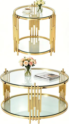 Vista 11 de SSLine Round 2-Tier Glass Coffee Table with Gold Stainless Steel Frame