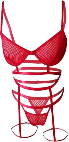 Vista 9 de Women's Slutty Outfits Sexy Lingerie Solid Color Netted Lace Gathering Three-Piece Suit Robe Lingerie