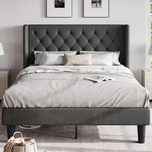 Vista 8 de HOOMIC Base de cama clásica de tamaño matrimonial con cabecera copetuda con botones en la parte trasera, plataforma tapizada con fuerte soporte
