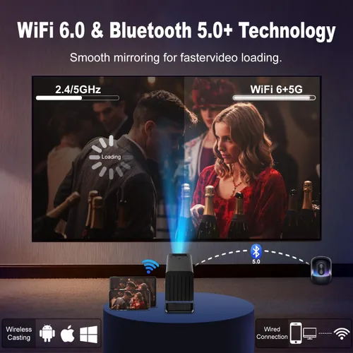 Vista 3 de Mini proyector con Wifi y Bluetooth 4K soporte proyector de película portátil Smart Bedroom Outdoor Projector Screen, Auto Keystone,135°Degree