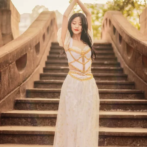 Vista 2 de Disfraz de jazmín de danza del vientre, disfraz de princesa de Aladdin, blanco para mujer