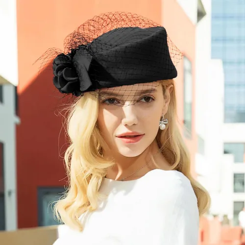 Vista 4 de Sombrero vintage para mujer, 100% lana, fieltro Cloche, sombrero de bolera, para invierno, vintage, con lazo, fedoras, iglesia, tocado