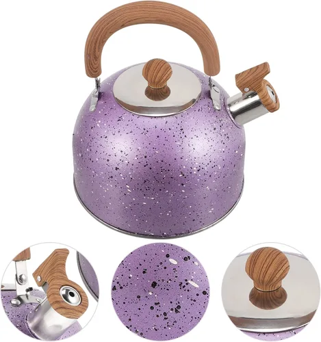 Vista 7 de Tetera de té silbante, hervidor de agua de acero inoxidable con mango de madera, cubierta de boquilla de bloqueo, camping para inducción de gas