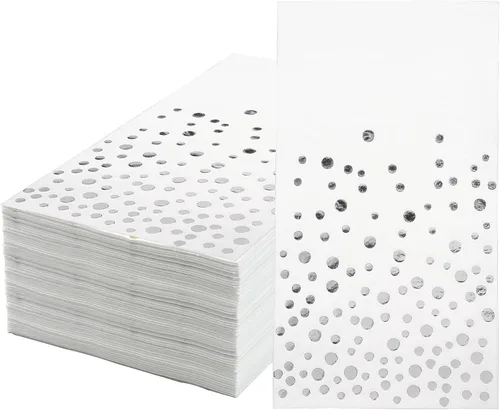 Vista 7 de Paquete de 120 servilletas de papel de aluminio dorado con lunares blancos y dorados, toallas de mano desechables metálicas para boda, baby shower
