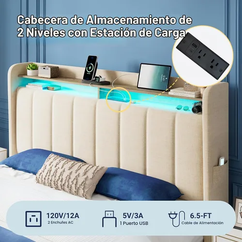 Vista 5 de Allewie - Marco de cama vertical tapizado con plataforma de tamaño matrimonial, con cabecera con almacenamiento de 2 niveles y luces LED, 2 cajones