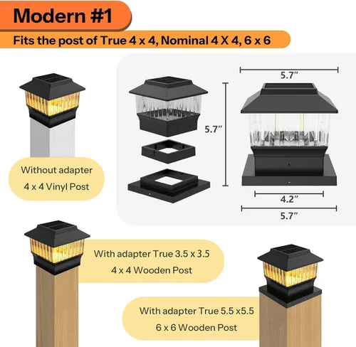 Vista 2 de Luz solar única para punta de poste - Moderna #1: Se ajusta a vinilo 4x4 real, postes de madera 4x4 y 6x6, 3 temperaturas de color, 50 lúmenes