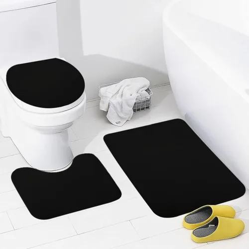 Vista 3 de Juego de 3 alfombras de baño clásicas negras, antideslizantes, en forma de U, con tapa de inodoro