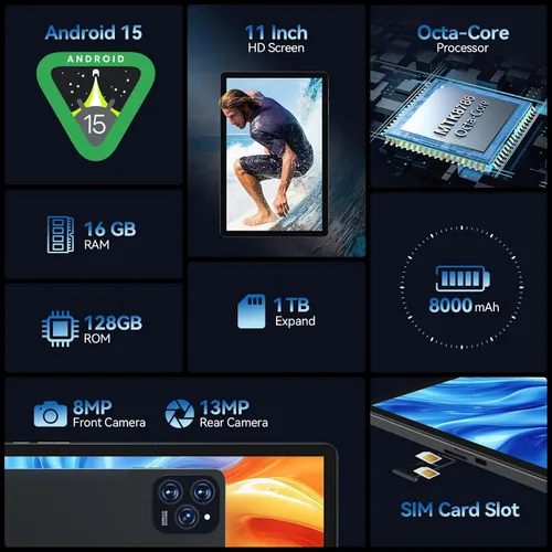 Vista 2 de 2025 La última tableta Android 15 de 11 pulgadas con celular dual 4G, tabletas Octa-Core con 128 GB de ROM 16 GB de RAM 1 TB Expand, tabletas