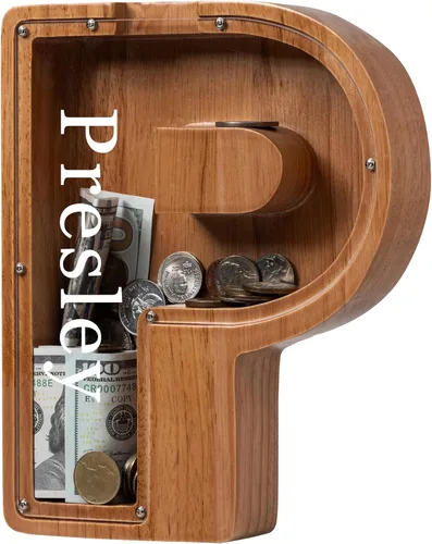 Vista 99 de Alcancía para niños y niñas, alcancía de madera con letra grande del alfabeto con inicial A, banco de monedas, regalos divertidos para cumpleaños