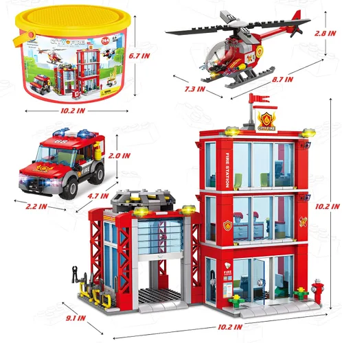 Vista 6 de Juego de bloques de construcción de estación de bomberos de la ciudad con camión de bomberos, helicóptero de rescate de incendios, dron y juguetes