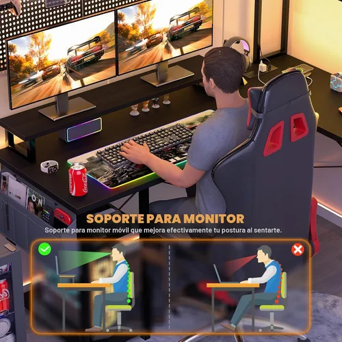 Vista 5 de Aheaplus Escritorio pequeño en forma de L para gaming con luces LED y tomas de corriente, escritorio reversible en forma de L para computadora