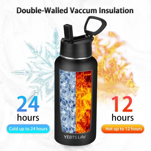 Vista 2 de Botella de agua aislada con popote, botella de agua deportiva de acero inoxidable aislada al vacío de 32 onzas, mantiene el frío y el calor, botella