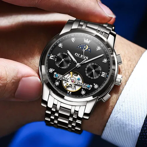 Vista 4 de OLEVS Men Automatic Watch Skeleton Moon Phase Dial Luxury Dress Stainless Steel Strap 5 Hands Diamond Men Wrist Watches