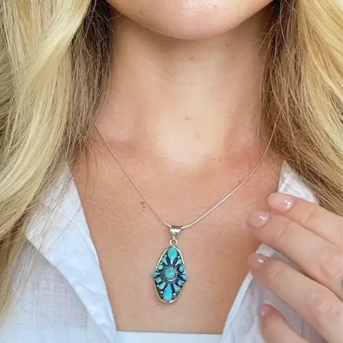 Vista 2 de Turquoise Necklace 925 Sterling Silver Pendant & 18" Chain