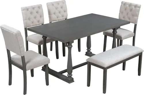 Vista 18 de Harper & Bright Designs 6-Piece Solid Wood Kitchen Dining Table Set, 60" Rectangular Table with 4 High-Back Tufted Upholstered Chairs & 1 Bench for