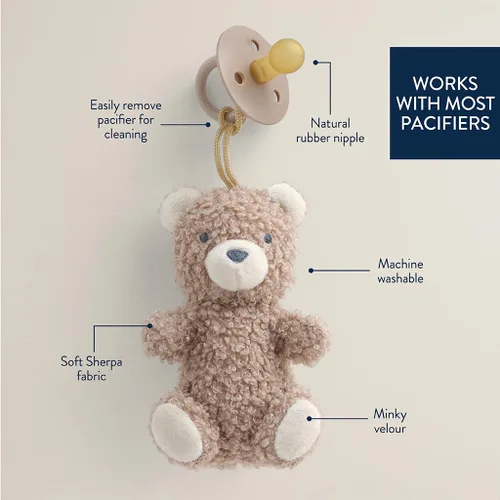 Vista 5 de Itzy Ritzy Juego de Chupete y Lovey - Chupete de goma natural con lovey de animal de peluche - Soporte de chupete de oso de peluche desmontable