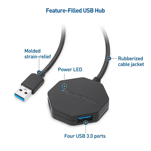 Vista 4 de Cable Matters Hub USB Ultra Mini de 4 puertos con cable de extensión largo de 4 pies, concentrador USB 3.0 con múltiples puertos para una velocidad