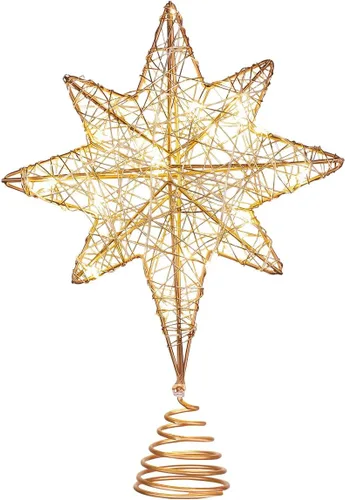Vista 8 de Yardwe Decoración de estrella para árbol de Navidad, 11.8 pulgadas, adorno de alambre iluminado con 20 luces LED, adorno superior para decoración