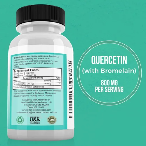 Vista 2 de DOCTOR RECOMMENDED SUPPLEMENTS Quercetina 800 mg con bromelina 165 mg por porción, 120 cápsulas vegetarianas, suministro completo para 60 días