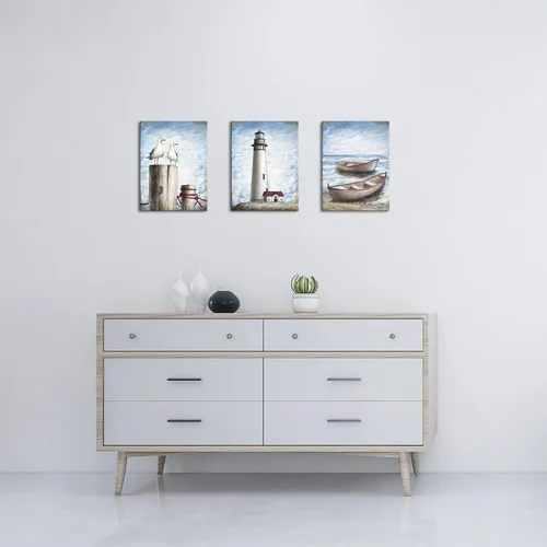 Vista 5 de LoveHouse Lienzo de faro costero, arte de pared, diseño de barco náutico, cuadros de playa, gaviota, paisaje marino, pintura, obra de arte de granja