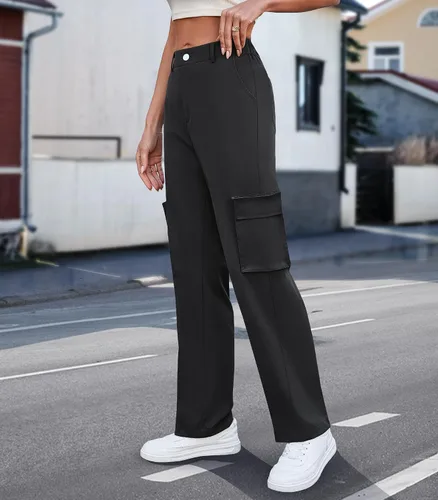 Vista 4 de ETOSELL Pantalones cargo de cintura alta para mujer, pantalones casuales de pierna ancha, elásticos, Y2K Streetwear con 6 bolsillos