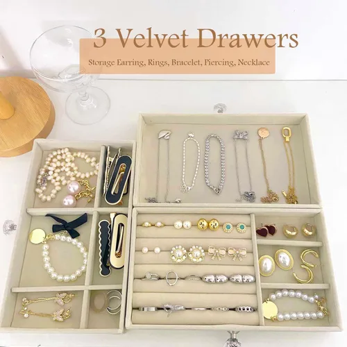 Vista 2 de EYUSEVS Organizador de joyas acrílico a prueba de polvo, caja de joyería transparente, caja de joyería con tres delicados cajones de terciopelo