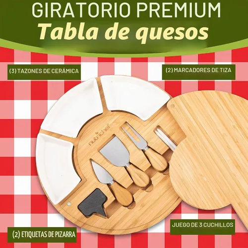 Vista 2 de NutriChef Set de tabla de queso de bambú natural con taza de condimentos extra grande de bonificación - Tamaño 100% orgánico para el hogar, plato