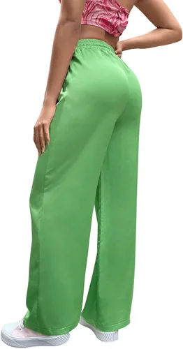 Vista 2 de SweatyRocks Pantalones de satén de pierna ancha para mujer con cintura elástica y bolsillo