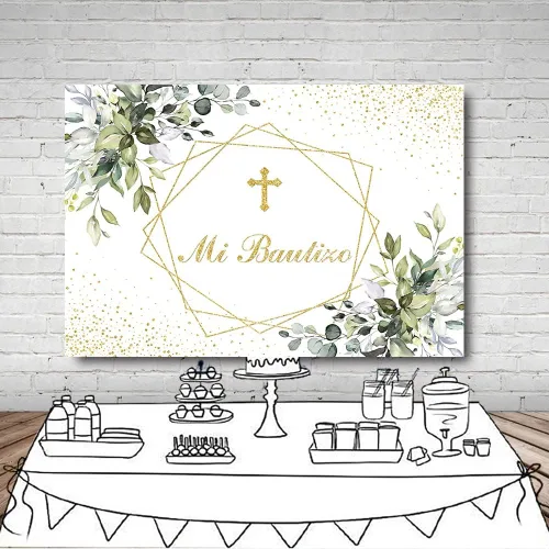 Vista 4 de MEHOFOND Mi Bautizo - Telón de fondo para fiesta de bautismo mexicano, suministros para primera comunión recién nacido, baby shower, fondo dorado