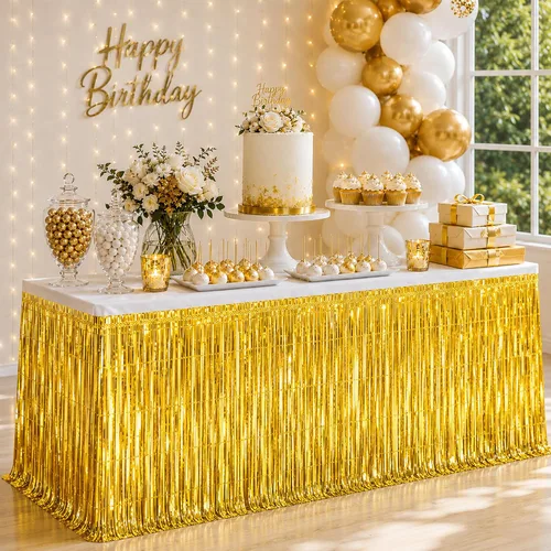 Vista 20 de Faldas de mesa de oropel de papel metálico con flecos para mesas rectangulares, cortinas de serpentina, telón de fondo para cumpleaños, boda
