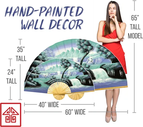 Vista 6 de Abanico de pared plegable gigante chino pintado a mano, arte decorativo decorativo de pared, pintura acrílica original hecha a mano sobre un marco