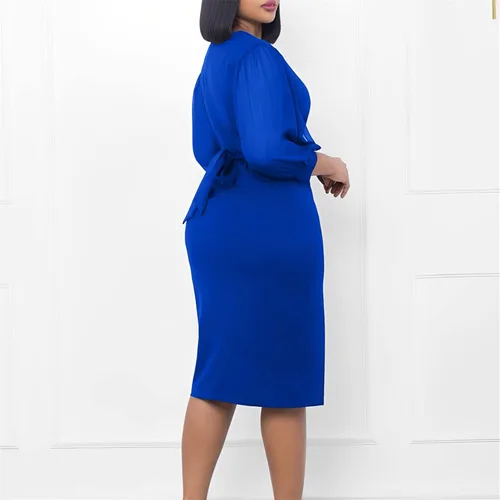 Vista 3 de Vestido ajustado de trabajo para mujer, de malla, de manga larga, con cintura ajustada, con cinturón