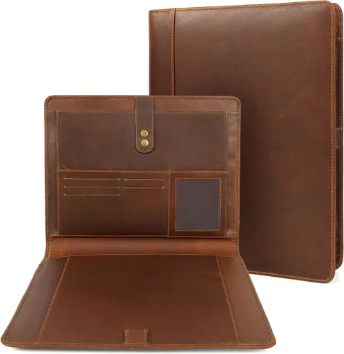 Vista 9 de Carpeta de piel ELIZO, portafolio de cuero para hombres y mujeres, organizador profesional de cartera de negocios, cartera de cuero con correa
