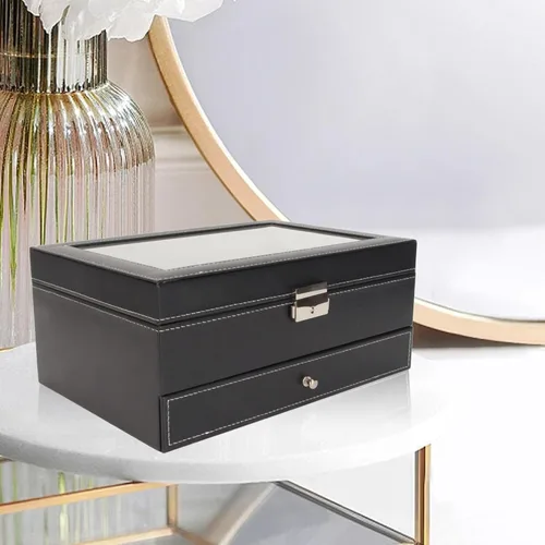 Vista 3 de JUOPZKENN Caja de almacenamiento de reloj de piel sintética con cerradura de 12 ranuras, color negro, 2 niveles, con tapa de cristal, soporte