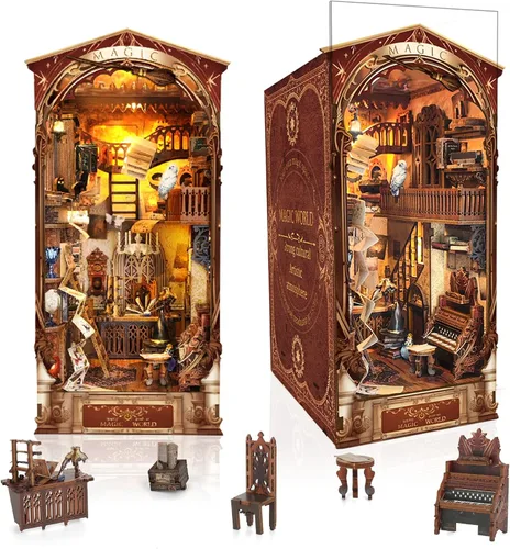 Vista 8 de Kit de bricolaje para rincón de libros, inserto de estantería para casa de muñecas, rompecabezas de madera 3D con cubierta antipolvo LED, kit