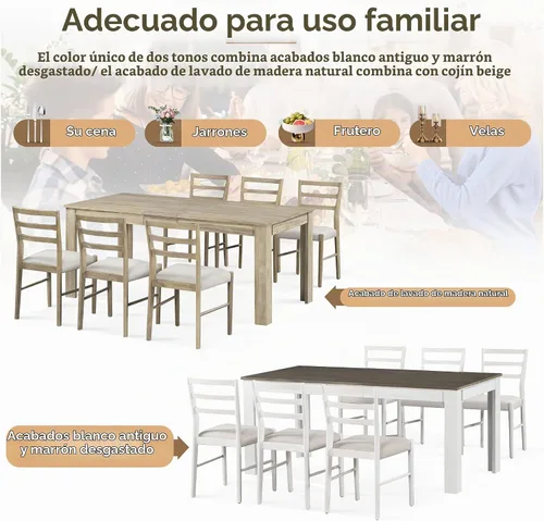 Vista 2 de Juego de comedor de madera de 7 piezas, mesa extensible multifuncional con hojas de 12 pulgadas y 2 cajones, más 6 cómodas sillas de comedor