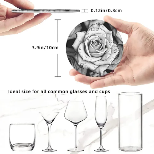 Vista 8 de Black White Rose Print 6 Pcs Round Coasters Leather Waterproof Drink Coasters Mugs Mat Pad with Holder for Living Room Kitchen Bar 3.9 Inch
