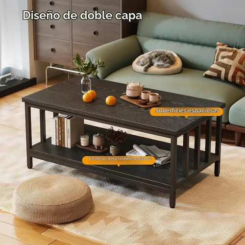 Vista 5 de Mesa de centro para sala de estar con marco de listones laterales, moderna mesa de sala de estar de granja con estante de almacenamiento de 2
